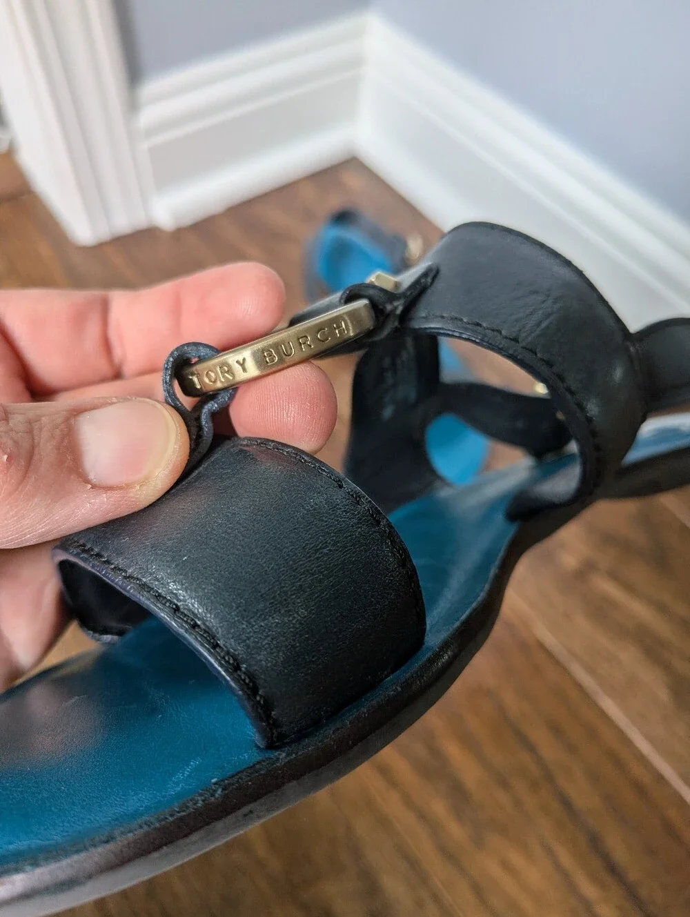 Tory Burch Women's Navy Blue Gold Leather Slingback Sandals Size 8
